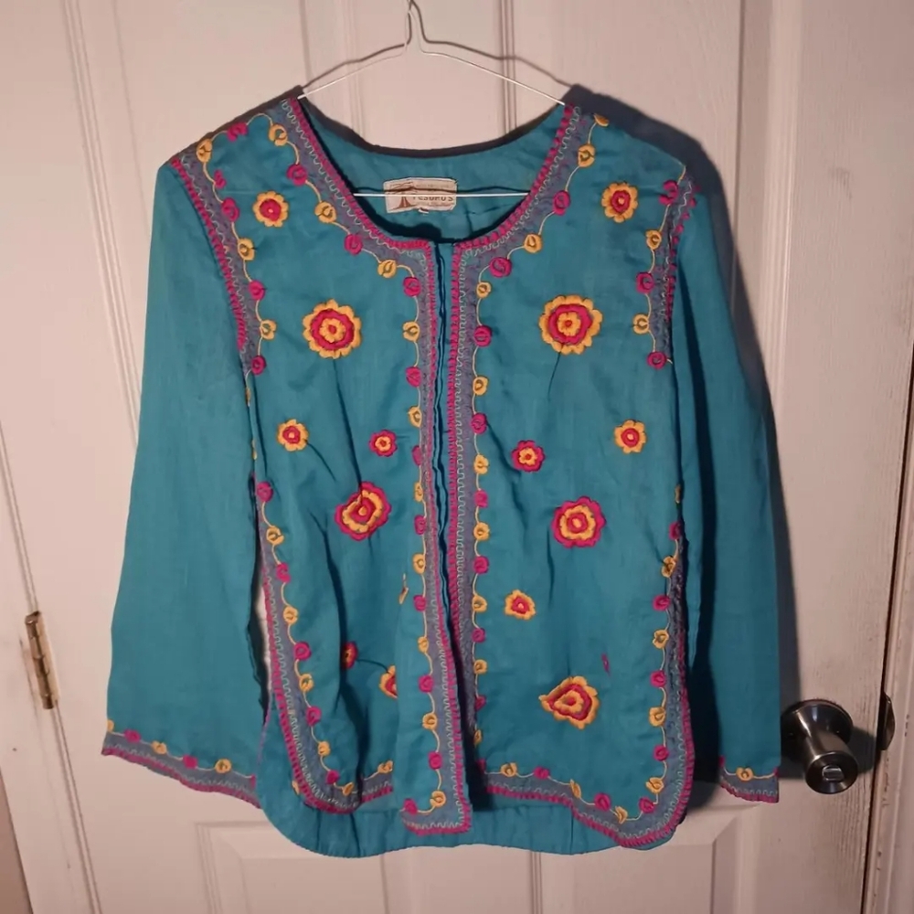 Tesoro Turquoise Top with Red and Yellow Floral Embroidery